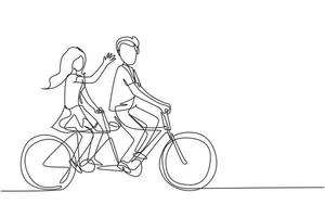 uma linha contínua desenhando casal romântico. casal feliz está andando de bicicleta em tandem juntos. família feliz. intimidade comemora aniversário de casamento. ilustração gráfica de vetor de desenho de linha única