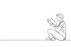 única linha contínua desenhando um adolescente em roupas casuais, sentado no chão e lendo o livro. leitor entusiasmado para o conceito educacional e hobby. uma linha desenhar ilustração em vetor design gráfico