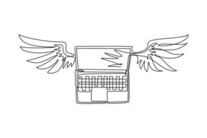 laptop de desenho contínuo de uma linha com asas voando no céu. conceito de computação em nuvem. computadores laptop com asas voando em direção à nuvem. ilustração gráfica de vetor de desenho de linha única