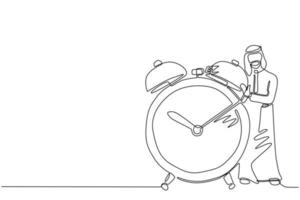 um único desenho de linha de empresário árabe, gerente ou funcionário e abraçando o grande relógio. conceito de gerenciamento de tempo, relógio, hora de trabalhar. ilustração em vetor gráfico de desenho de linha contínua