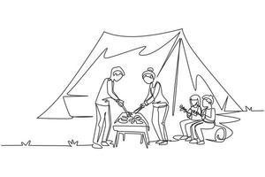 desenho de uma linha contínua feliz quatro membros da família estão fazendo churrasco na montanha. pai, mãe e filhos caminhando, viajando e acampando na natureza. ilustração vetorial de desenho de linha única vetor