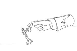 contínua uma linha desenho mão de homem segurando o peão de xadrez. peça de xadrez de peão de uso masculino para bater em frente à figura do rei da equipe. xeque-mate. vitória no jogo de xadrez. ilustração gráfica de vetor de desenho de linha única