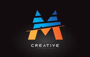 design de ícone de logotipo de letra m fatiado com cores azuis e laranja e fatias cortadas vetor