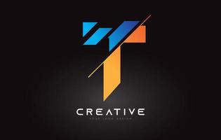 design de ícone de logotipo de letra t fatiada com cores azuis e laranja e fatias cortadas vetor