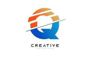 design de ícone de logotipo de letra q fatiada com cores azul e laranja e fatias cortadas vetor