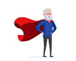 homem mais velho em traje de super-herói vestindo capa vermelha. super-herói homem idoso. forte e saudável vovô velho. legal avô aposentado. alegre pensionista sênior com superpoderes. vetor de avô divertido ativo