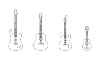 conjunto de guitarras de contorno. acústico, elétrico, baixo e ukulele isolado no fundo branco. ilustração vetorial vetor