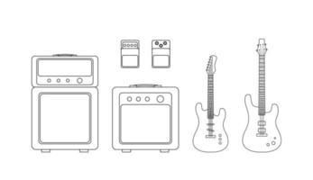 conjunto de contorno preto de pedais de guitarra elétrica e baixo, amplificador e guitarra isolados no fundo branco. ilustração vetorial