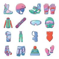 conjunto de ícones de equipamentos de snowboard, estilo cartoon vetor