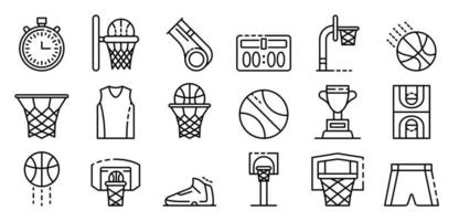 conjunto de ícones de equipamentos de basquete, estilo de estrutura de tópicos vetor