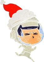 desenho retrô de um astronauta estressado usando chapéu de papai noel vetor