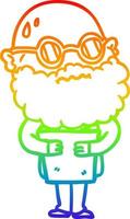 desenho de linha de gradiente de arco-íris desenho animado homem preocupado com barba e óculos vetor
