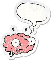 cérebro de desenho animado engraçado e adesivo angustiado de bolha de fala vetor