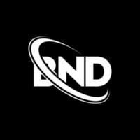 logotipo bnd. carta bd. design de logotipo de letra bnd. iniciais bnd logotipo ligado com círculo e logotipo monograma maiúsculo. tipografia bnd para marca de tecnologia, negócios e imóveis. vetor