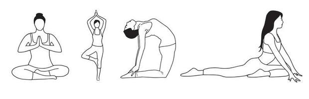 poses de ioga ícones desenhados à mão. conjunto de ícones pretos. pose de árvore, cobra, pose de camelo, alongamento vetor