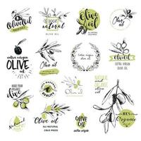 oliveoilset de adesivos em aquarela desenhados à mão e emblemas de azeite. ilustrações vetoriais para rótulos de azeite, design de embalagens, produtos naturais, restaurante. vetor