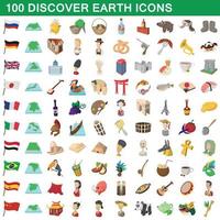 100 descubra o conjunto de ícones da terra, estilo cartoon vetor