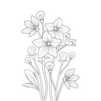 arte de linha de página de coloração de flor de balão com ilustração de pétalas e folhas florescendo vetor