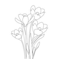 design de arte de linha desenhada à mão de flor sazonal de açafrão em fundo preto vetor