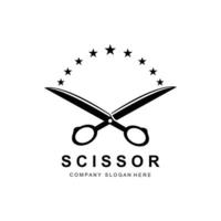 design de logotipo de tesoura, banner de adesivo de ícone de ferramenta de corte de ilustração vetorial e marca de empresa de barbeiro vetor
