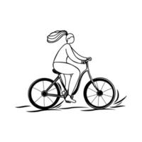 menina andando de bicicleta, desenhada à mão em estilo doodle. dia mundial da bicicleta. 3 de junho. bicicleta. vetor simples isolado no fundo branco. adequado para cartazes e postais