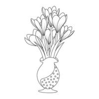 vaso decorativo com flor de açafrão açafrão ilustração desenhada à mão em estilo de arte de linha vetor