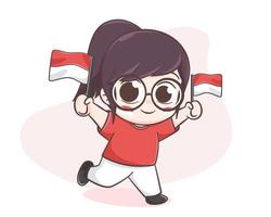 linda garota segurando a bandeira da indonésia no dia da independência vetor