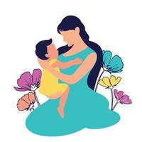 mãe em um estilo simples com um bebê nos braços. flores coloridas ao fundo. apoio à família e à maternidade. amamentação. isolado no branco. eps10
