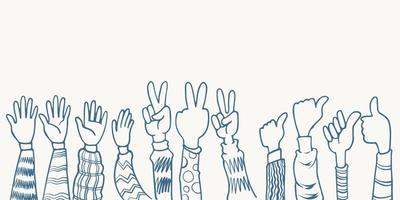mãos desenhadas à mão cinco, polegar para cima e pose de paz aplaudindo a ovação vetor