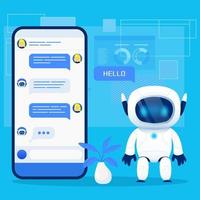 robô de bate-papo fofo, chatbot, mascote de personagem com smartphone em fundo azul vetor