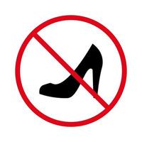 nenhum sinal de sapato feminino de salto alto permitido. proibir o ícone de silhueta preta de sapatos de par feminino. mulher proibida pictograma de calçado elegante. proibir o símbolo de parada vermelha do estilete clássico. ilustração vetorial isolado. vetor