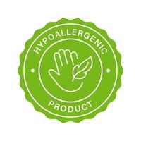 selo de produto hipoalergênico seguro. rótulo verde cosmético de segurança hipoalergênico. adesivo livre de alérgenos. símbolo de mão e pena. logotipo aprovado em material hipoalergênico. ilustração vetorial isolado. vetor