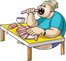 um garoto gordo comendo carne de salsicha vetor