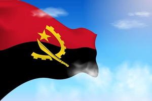 bandeira de angola nas nuvens. bandeira vetorial acenando no céu. ilustração de bandeira realista do dia nacional. vetor de céu azul.