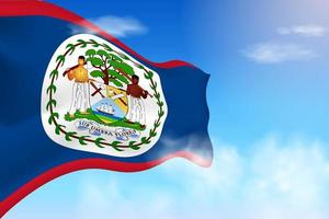 bandeira de belize nas nuvens. bandeira vetorial acenando no céu. ilustração de bandeira realista do dia nacional. vetor de céu azul.