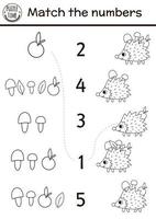 combinar o jogo de números preto e branco com ouriço engraçado. atividade de contorno de matemática da floresta ou página para colorir com animal bonito da floresta. planilha de contagem para impressão educacional para crianças vetor