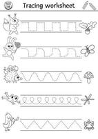 planilha de prática de caligrafia de floresta vetorial. atividade em preto e branco para impressão da floresta de verão para crianças. jogo de rastreamento educacional para habilidades de escrita com animais fofos vetor