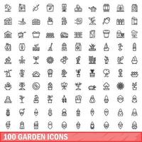 conjunto de 100 ícones de jardim, estilo de contorno vetor