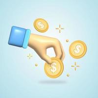 conceito de finanças 3D com a mão segurando o ícone de vetor de moeda de dinheiro