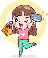 mulher de personagem de desenho animado comprando cartão de crédito e sacola de compras, conceito financeiro, ilustração plana vetor