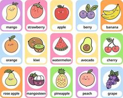 definir cartão rápido de vocabulário inglês de personagem de desenho animado de frutas para crianças, design vetorial de ilustração plana vetor