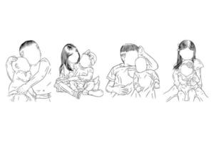 conjunto de pacote bonito mãe e bebê nascidos família feliz mãe e filhos mulheres capacitam bebê arte de linha de nascimento estilo desenhado à mão vetor