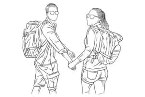 casal feliz aventura explorar viagem alpinista acampamento romance viagem esporte linha arte desenhada à mão vetor