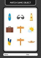 combinar com o mesmo ícone de verão do jogo de objetos. planilha para crianças pré-escolares, folha de atividades para crianças vetor