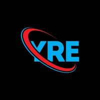 logo. carta. design de logotipo de carta yre. iniciais yre logotipo ligado com círculo e logotipo monograma maiúsculo. yre tipografia para tecnologia, negócios e marca imobiliária. vetor