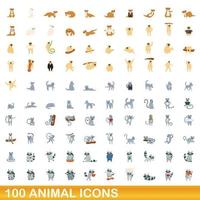 conjunto de 100 ícones de animais, estilo cartoon vetor