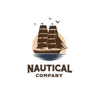 veleiro de navio clássico vintage no oceano com design de logotipo de ilustração de fundo por do sol