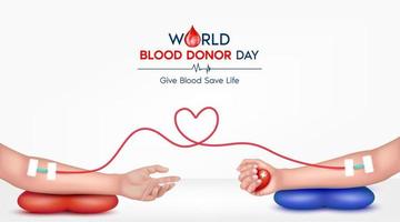 mãos do doador e do receptor para doar sangue. sinal médico do coração do conceito da doação de sangue. dar sangue salvar vida, doador de sangue mundial dia 14 de junho. ilustração em vetor 3d eps10.