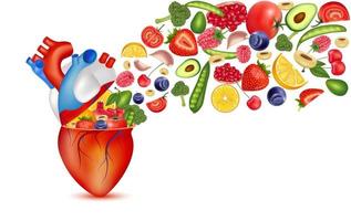 melhor comida para o coração saudável. nutrientes essenciais para a saúde do coração humano principal. forte caráter de coração. frutas e legumes da dieta. conceitos médicos e de saúde. isolado no vetor 3d de fundo branco.