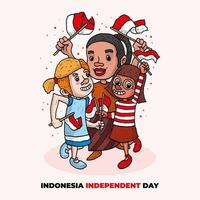 dia independente da indonésia com ilustração de bandeira acenando professor e aluno vetor